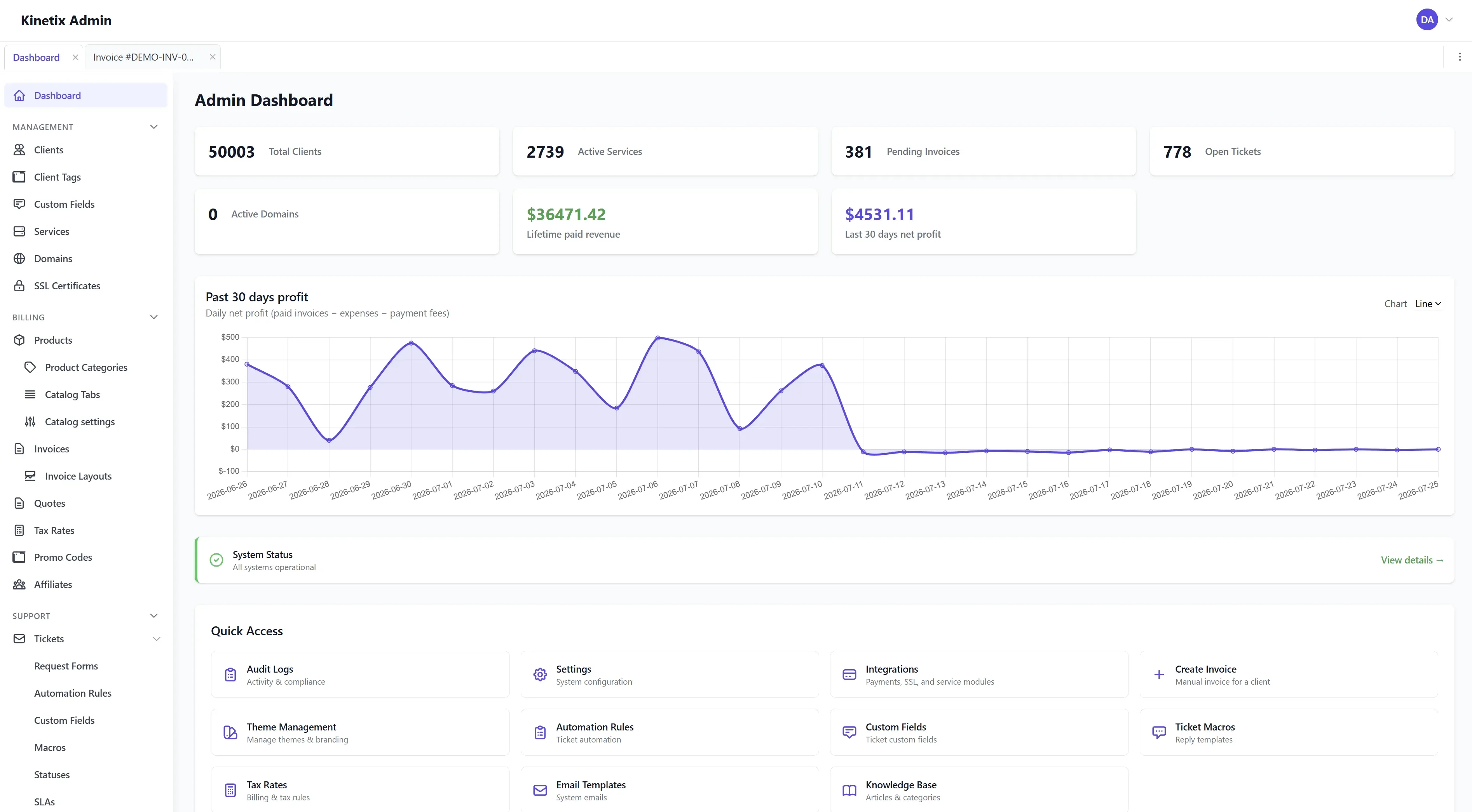 Kinetix SaaS host provider billing demo screenshot